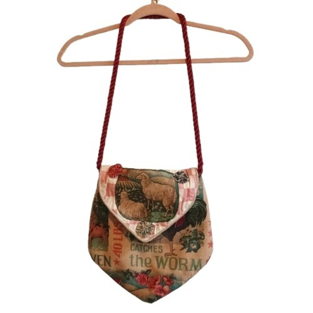 Vintage Handmade Farmhouse Feed Sack Print Shoulder Bag Rustic Barnyard Animals